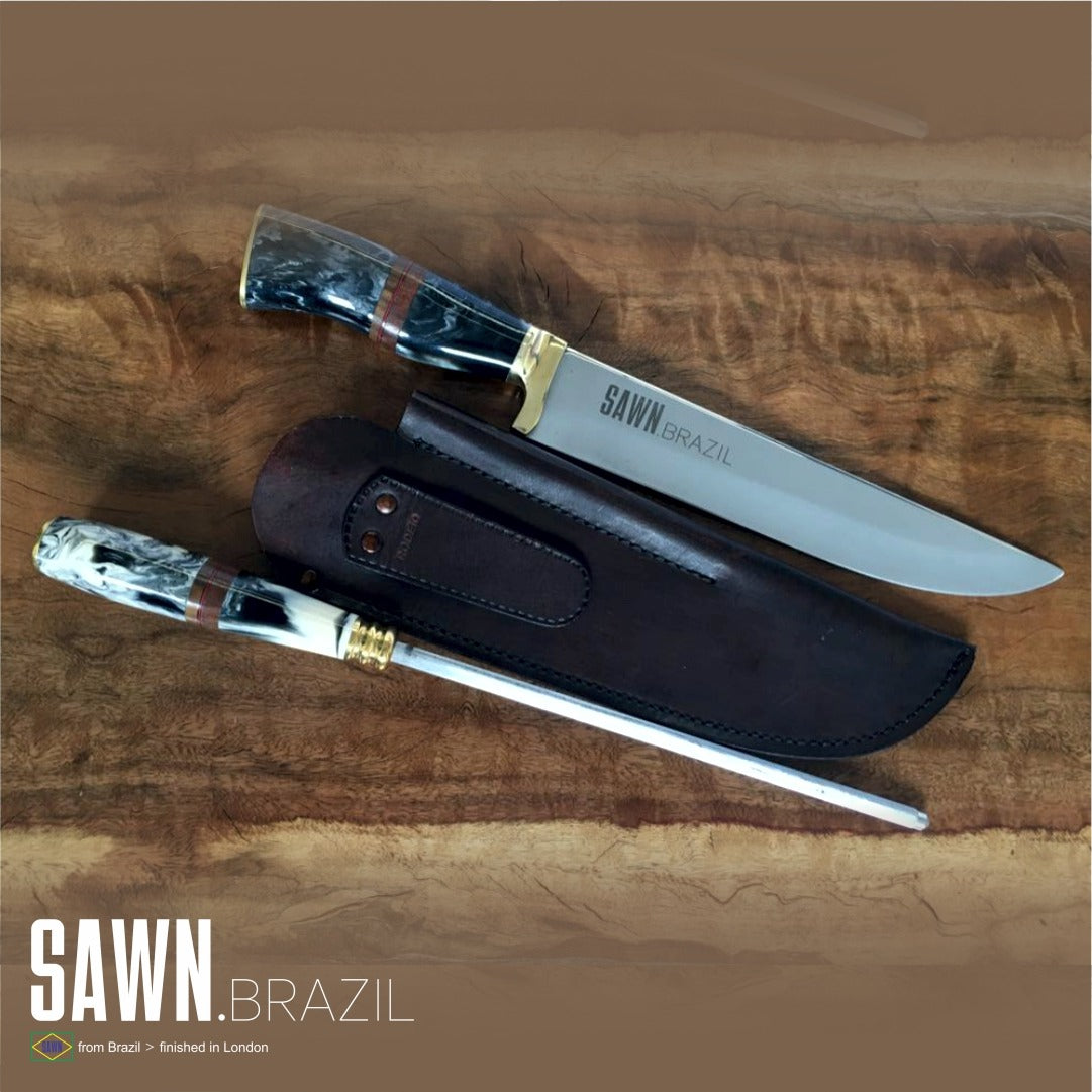 Horn and Wood Handle with Black Leather Case