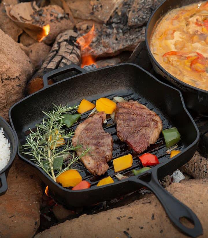 Square Cast Iron Griddle Pan with Wooden Handle