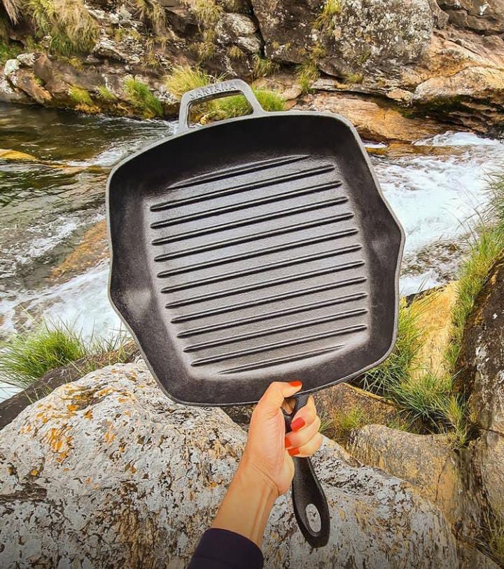 Square Cast Iron Griddle Pan with Wooden Handle